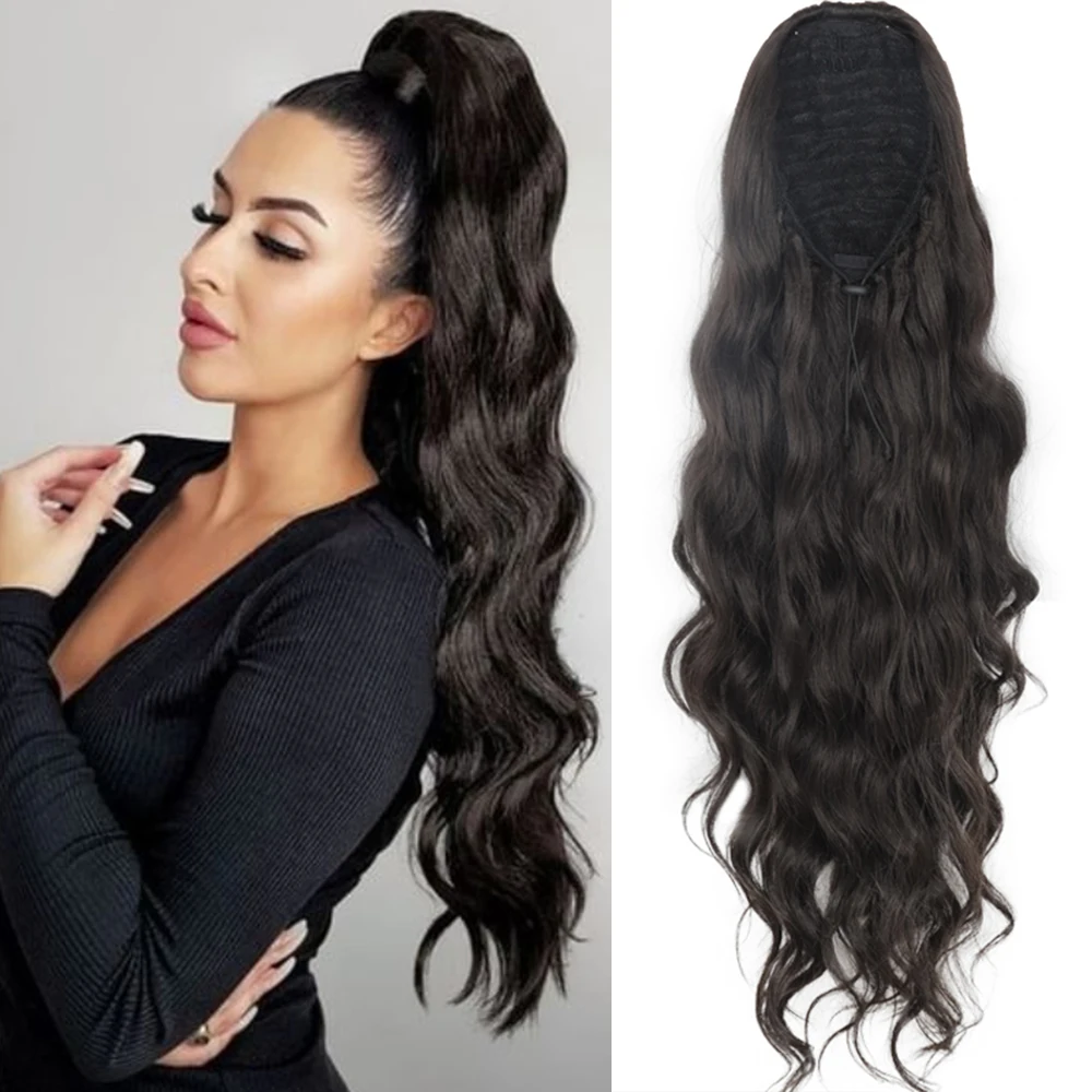 

LISI GIRL Synthetic Ponytail Extensions Long Wavy Drawstring Pony Tail Clip in Hair Extensions For Women Brown Black Hairpiece