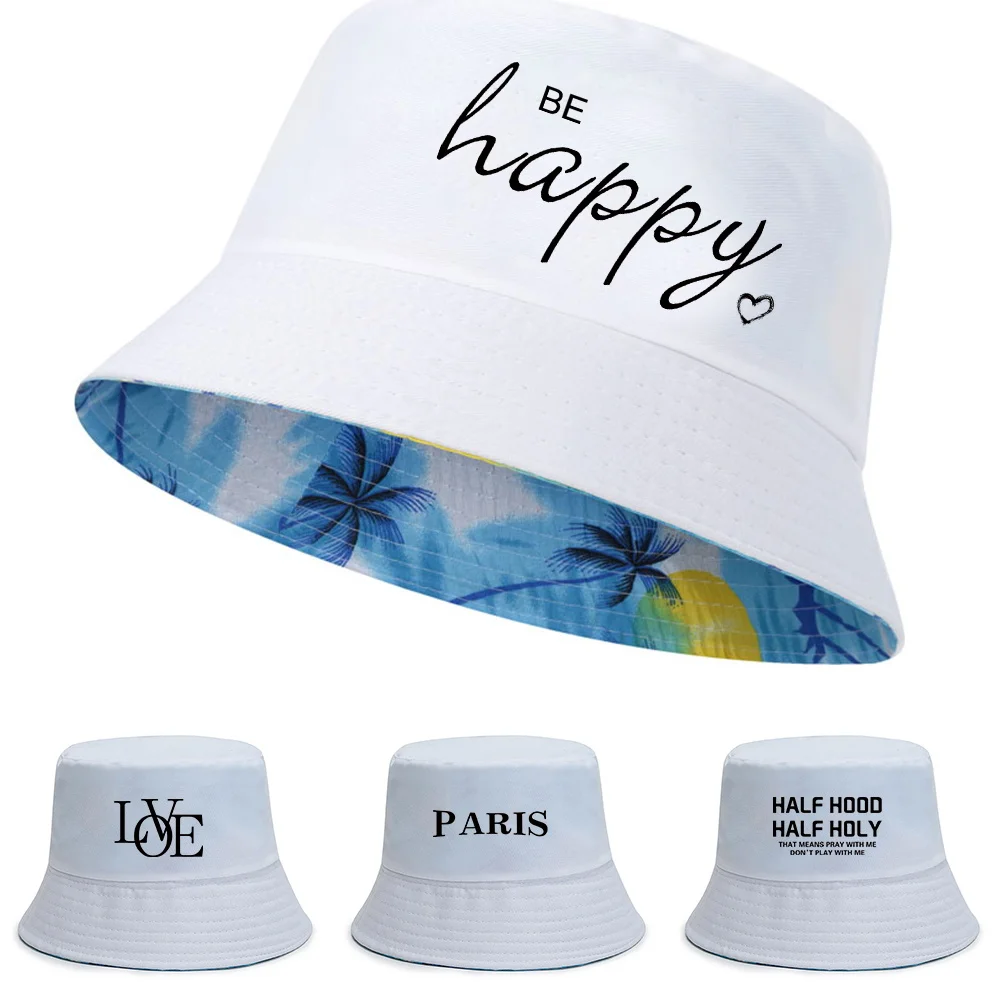 

Foldable Double-sided Fisherman Hats Unisex Summer UV-proof Visors Cap Text Print Pure Cotton Panama Hat Casual Wild Beach Caps