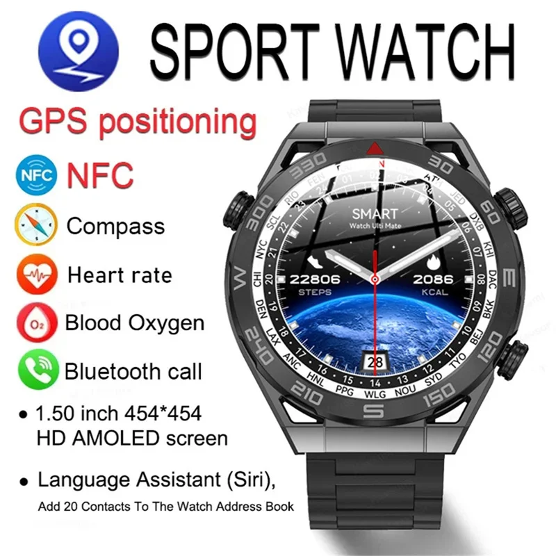 

2023 NFC Smart Watch Men BT Call Sport GPS Track Compass Watches 454*454 HD AMOLED Screen Heart Rate ECG Smartwatch For Huawei