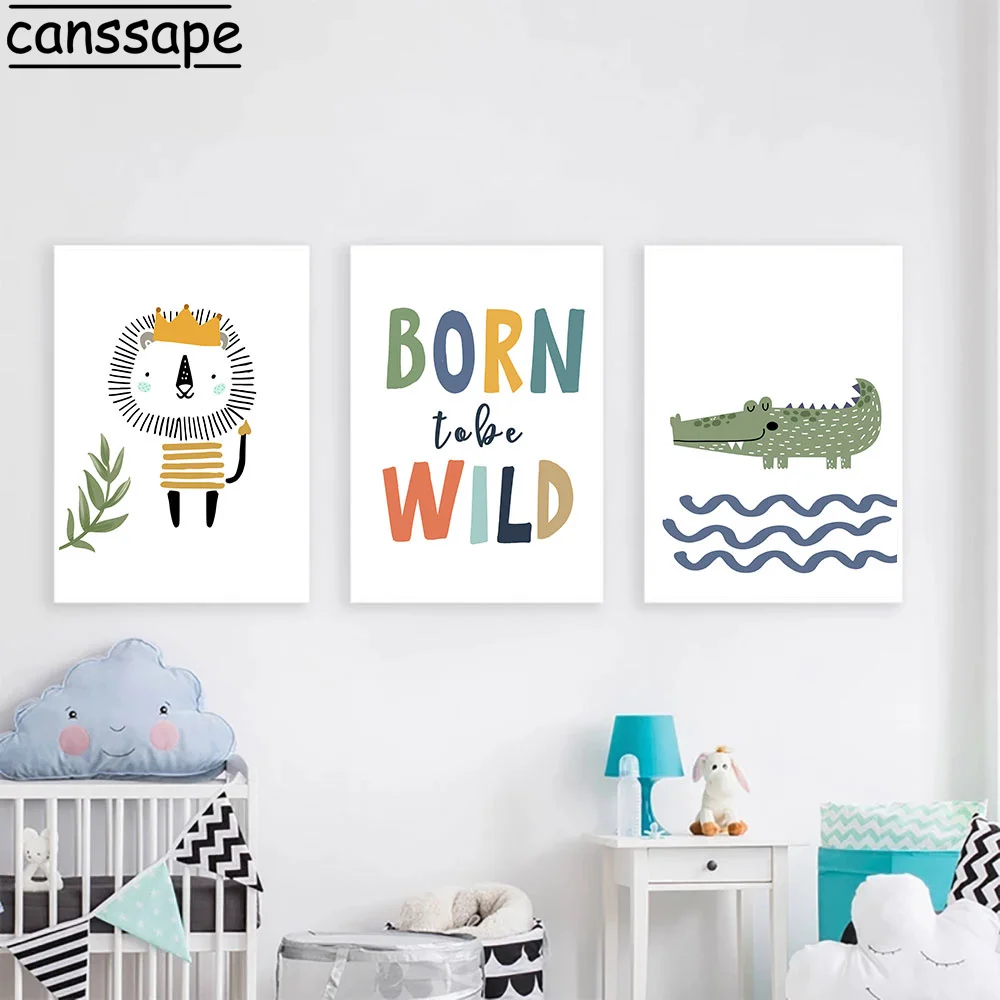 Мультяшный постер Лев птица крокодил холст искусство живопись буквы печать