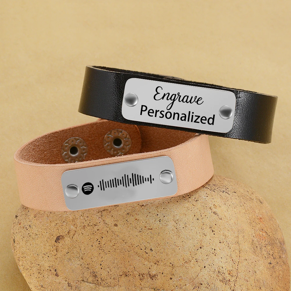

Custom Spotify Code Music Bracelets Leather Stainless Steel Bangles for Women Mens Bracelet Personnalisé Name Jewelry Pulseras