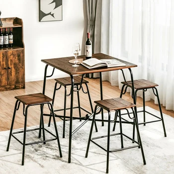 5 Pieces Bar Table Set with 4 Counter Height Backless Stools Dinning Table Set Coffee Table Home Furniture
