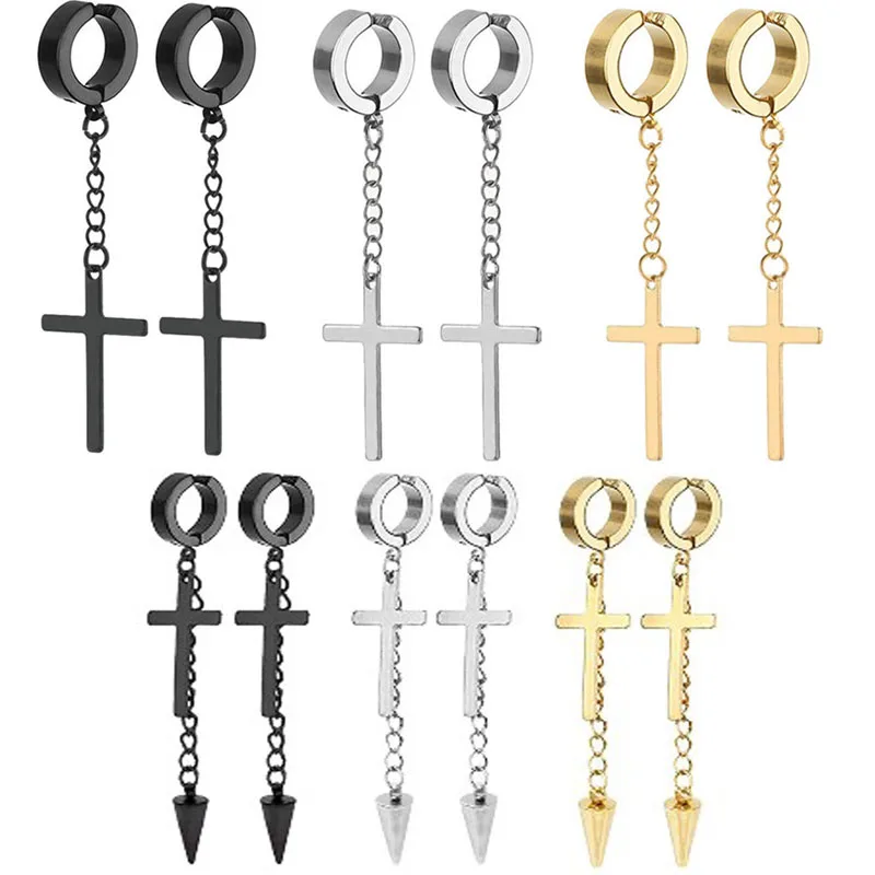 Fashion Punk Cross Tassel Pendant Earrings Stainless Steel Classic Geometric Charms Clip Ear Jewelry Party Gifts For Women Men