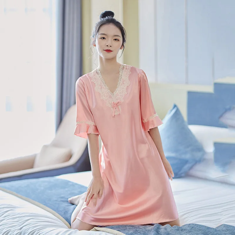 

V-neck Satin Nightgown Lace Summer Sexy Sleepshirts Loose Casual Nightdress Pijamas Half Sleeve Pyjamas Intimate Lingerie Gown