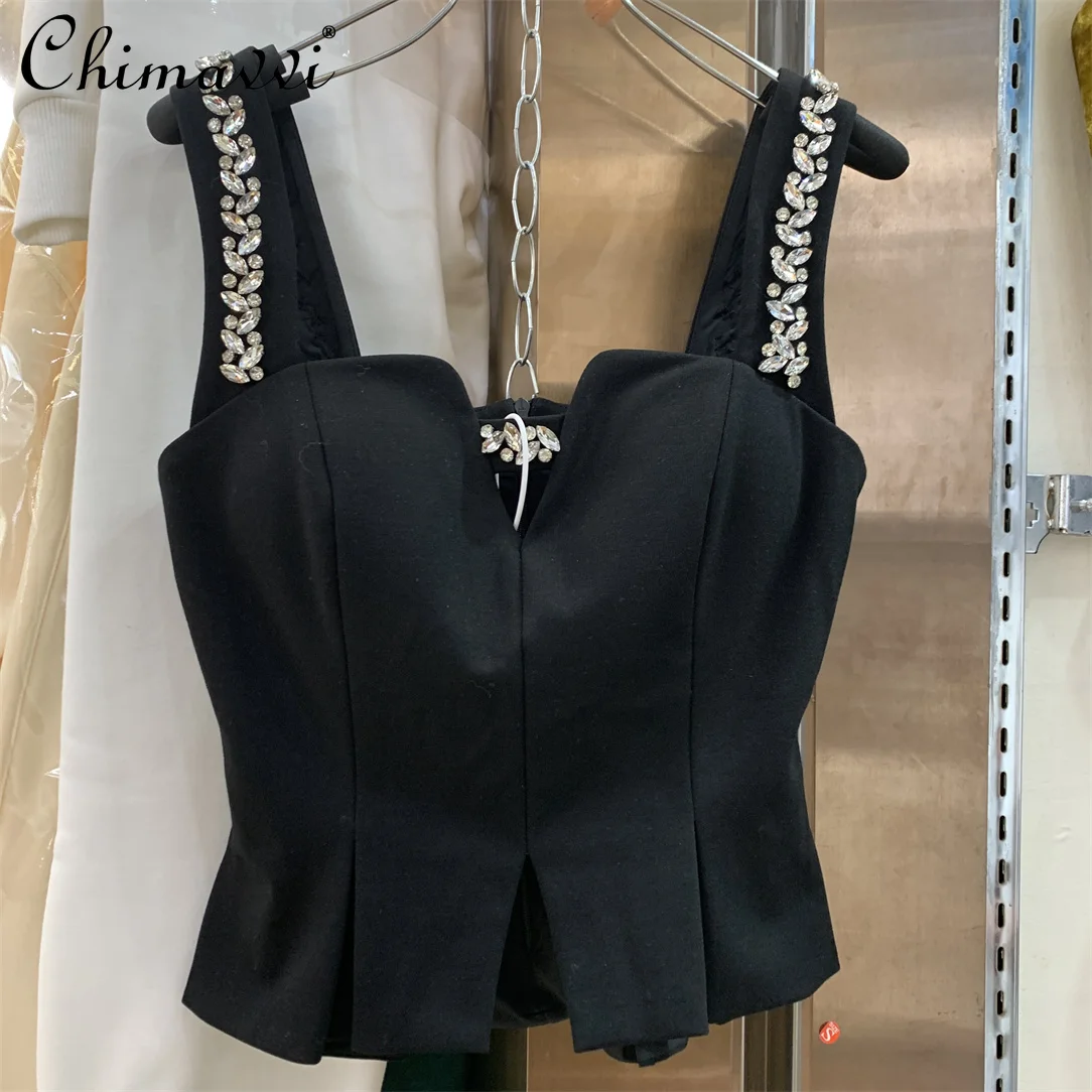 Camisola corta ajustada con bordes de diamantes de imitación, chaleco plisado de fondo, Moda de Primavera y verano, camisola negra elegante, 2022