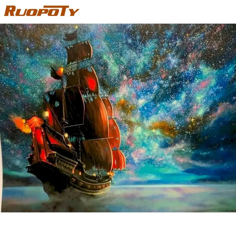 

RUOPOTY Painting By Numbers 40x50cm Frame Galaxy Sailboat Scenery Oil Picture By Number HandPainted Unique Gift Home Decor Photo
