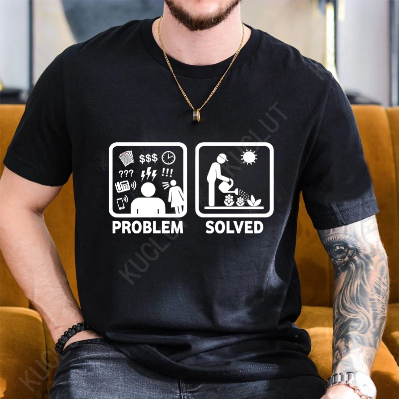 Men's Casual Sports Loose T-shirt Funny Gardening Problem Solved Stickman Print Tshirt O Neck Short Sleeve