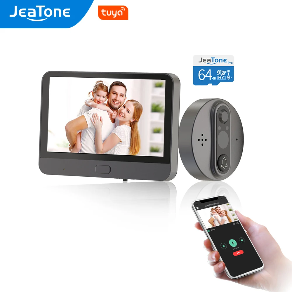 

Видеоглазок JeaTone с Wi-Fi для дверного звонка, камера для умного дома, беспроводной видеодомофон с записью движения