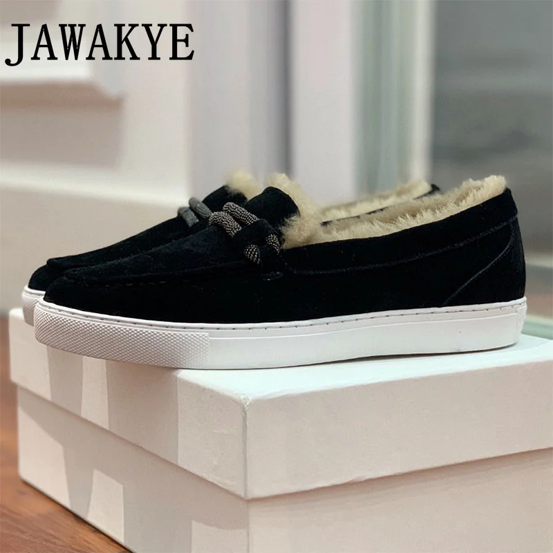 Зимние теплые женские лоферы на плоской подошве с круглым носком женская