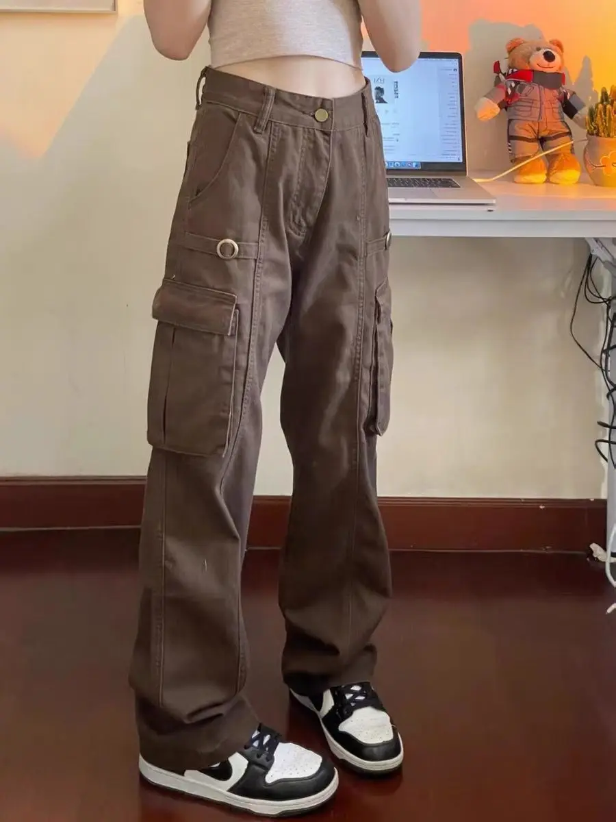 

American Style Pocket Work Pants High Waist Straight Wide Leg