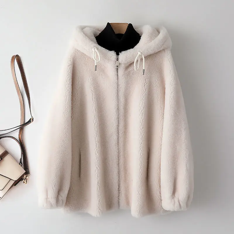 

Winter Women High Quality Genuine Fur Coat Loose-fitting Fur Coat Loose Hooded Overcoat Thick Warm Female Flocking Coats T171