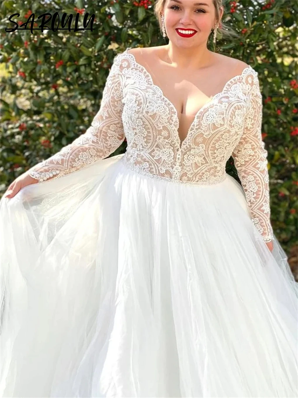 Кружевное свадебное платье больших размеров с длинными рукавами длинное тюлевое