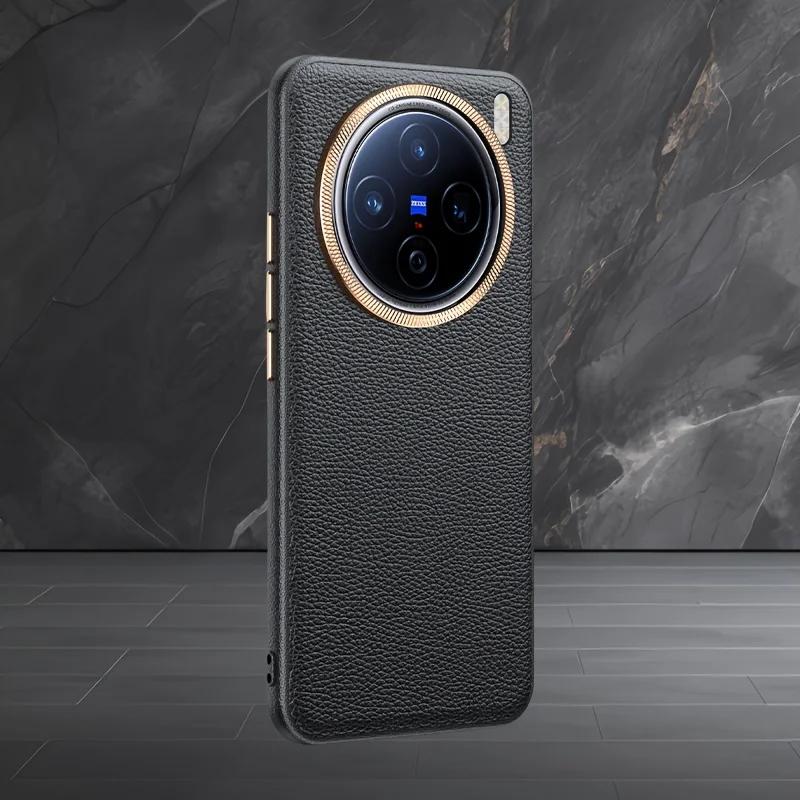 Фото Caase для VIVO X200 X100 Pro ультра роскошный кожаный металлический чехол с кольцом для объектива личи для VIVO X200Pro MINI противоударный бампер №1