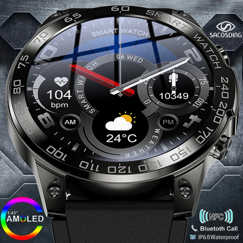

New Sports Smart Watch Men AMOLED Screen Custom Dial Big Battery Bluetooth Call NFC Smartwatch Men clock Heart Rate Blood Oxygen
