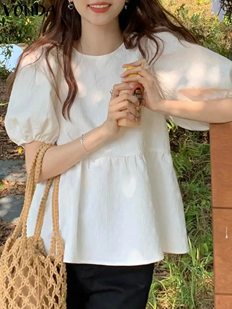 

VONDA Women Tops and Blouses 2023 Summer Short Puff Sleeve Fashion Shirts Round Neck Solid Color Tunic Elegant Blusas Femininas