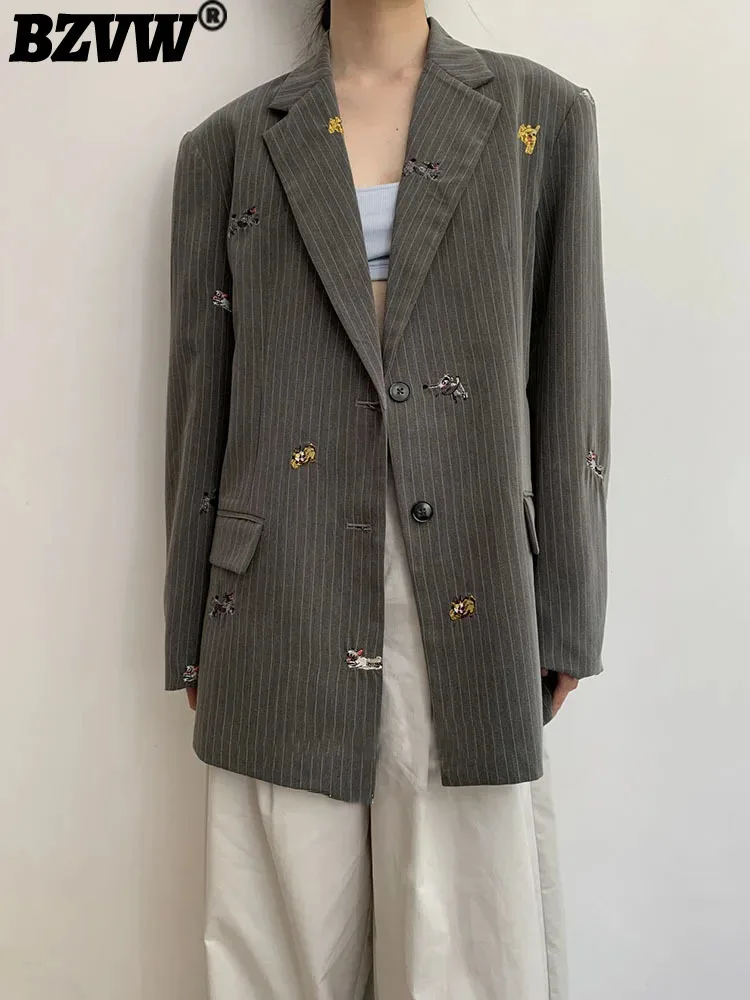 Женское однобортное пальто BZVW осеннее в полоску с длинными рукавами и вышивкой