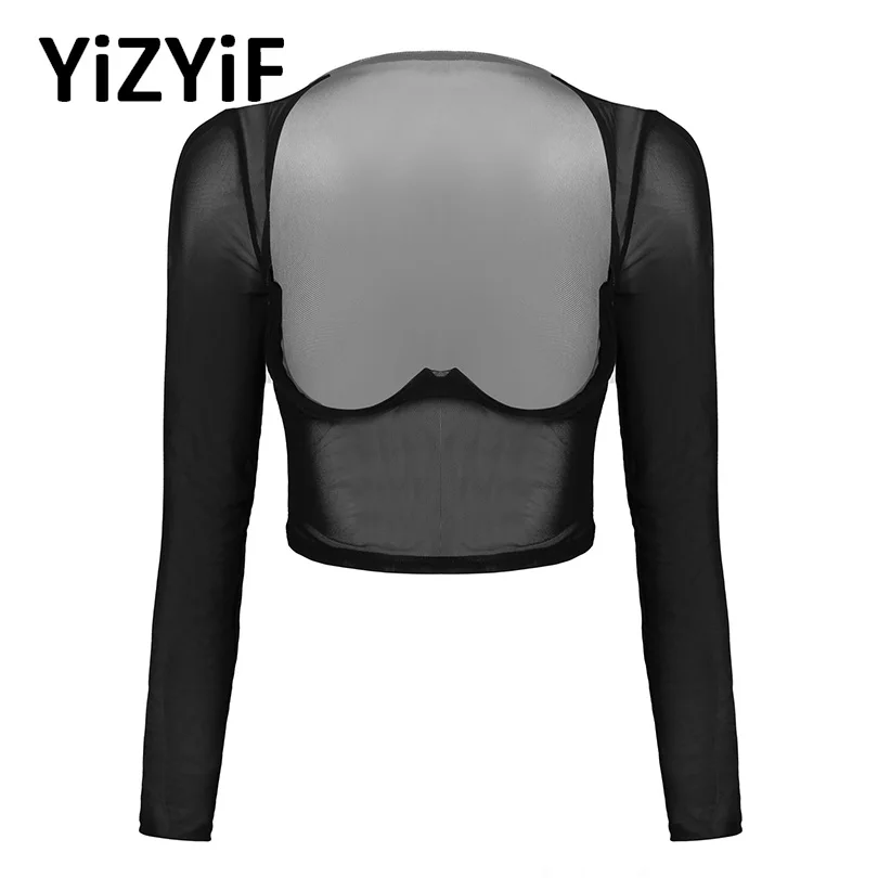 

Women Sexy Tops See-through Mesh Underwire Crop Top Deep Neck Nightwear Long Sleeve Open Front Sheer T-shirt Tops Clubwear