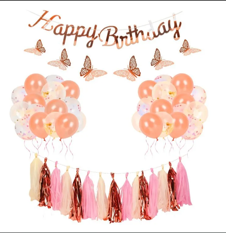 

JOLLYBOOM Birthday Party Rose Gold Balloon Set with 3D Butterfly Stickers Tassels for Girls Birthday Decoration Supplies