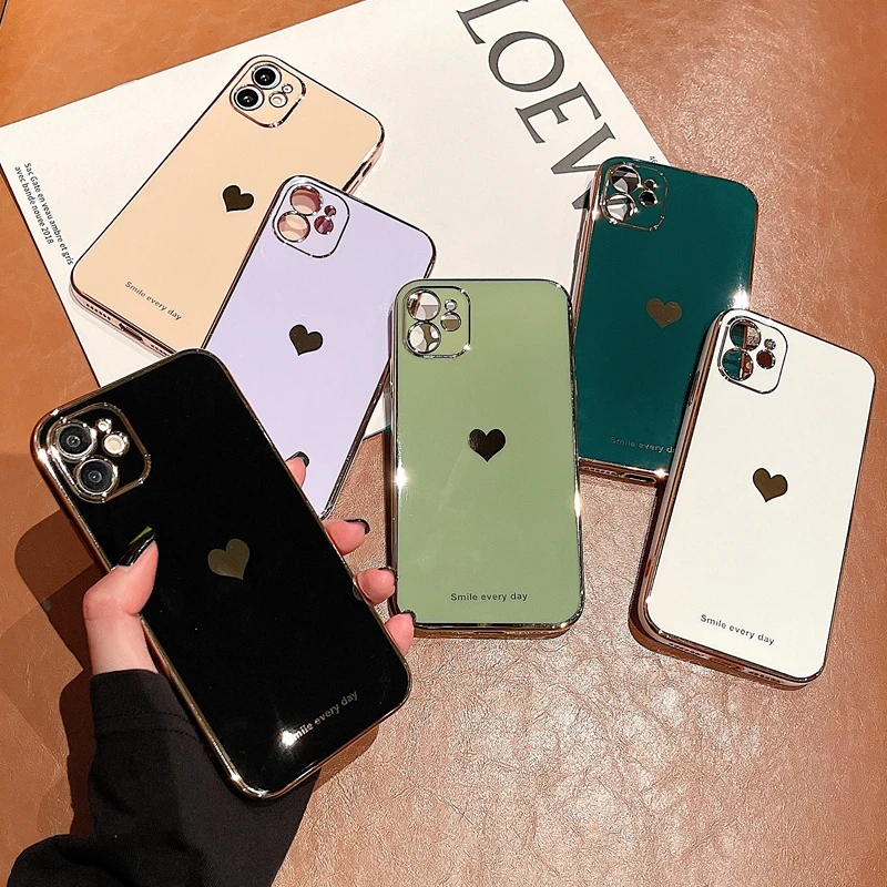 

Soft Electroplated Love Heart Phone Case For iPhone 12 11 Pro Max XR XS Max X 7 8 Plus SE 2020 Mini Candy Bumper Back Cover