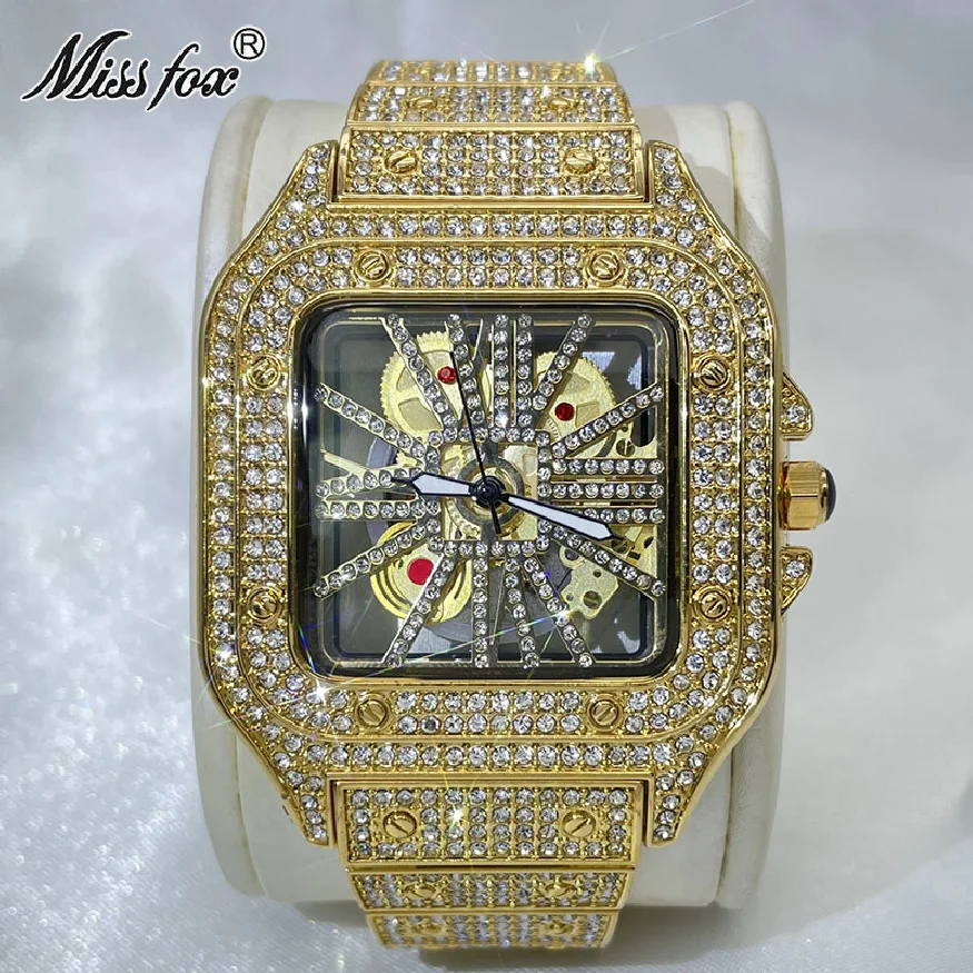 

Часы наручные MISSFOX Мужские кварцевые, модные золотистые ажурные в стиле хип-хоп, с бриллиантами, нержавеющая сталь