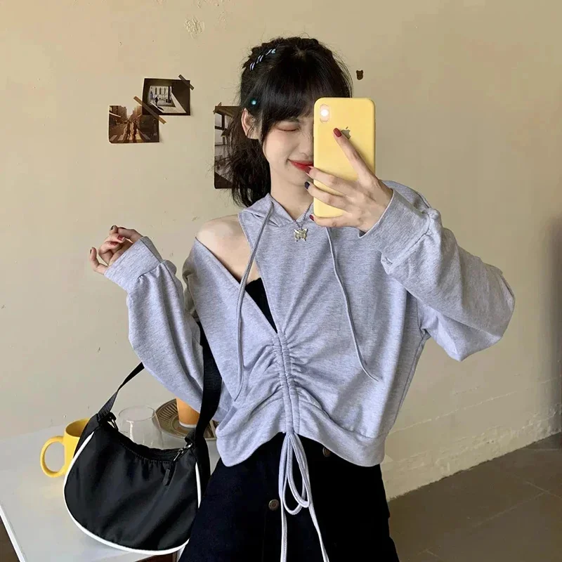 

Y2K толстовки, свитшот, женские пикантные укороченные топы с длинным рукавом, уличная мода в Корейском стиле Харадзюку, Повседневная Новинка