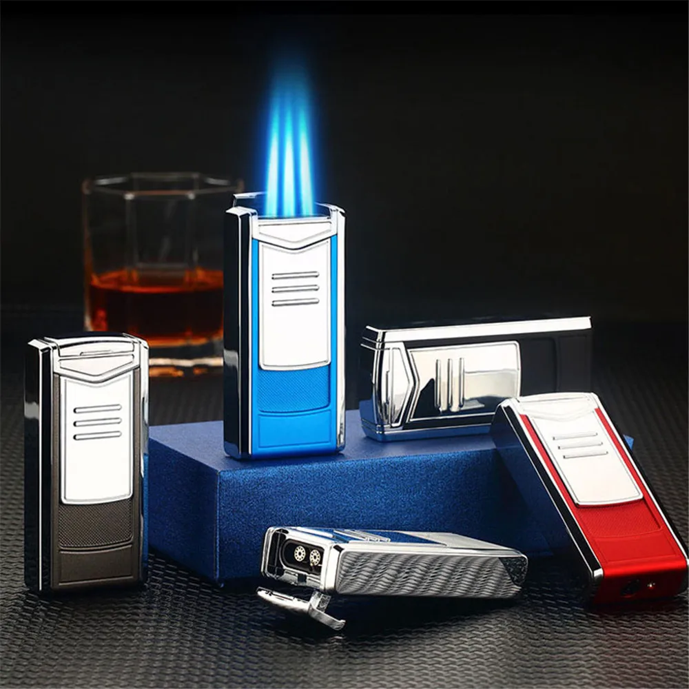 Luxry зажигалка с тремя трубфонарь мощная прямым пламенем регулируемая