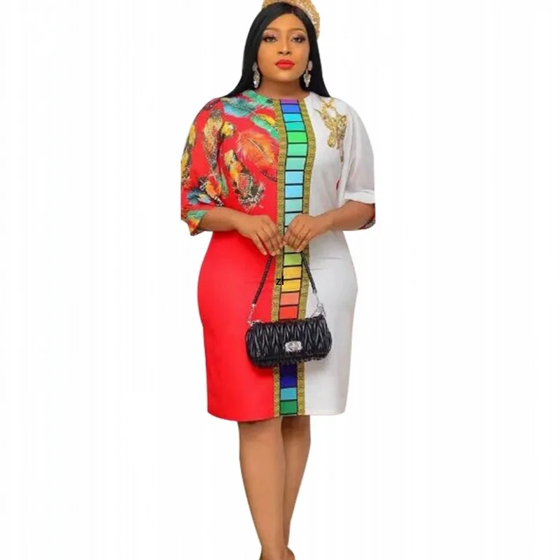 

African Dresses For Women Party Dashiki Clothing Flower 3/4 Sleeve Midi Dress Robe Africaine Femme Clothes Africa Dress 2022