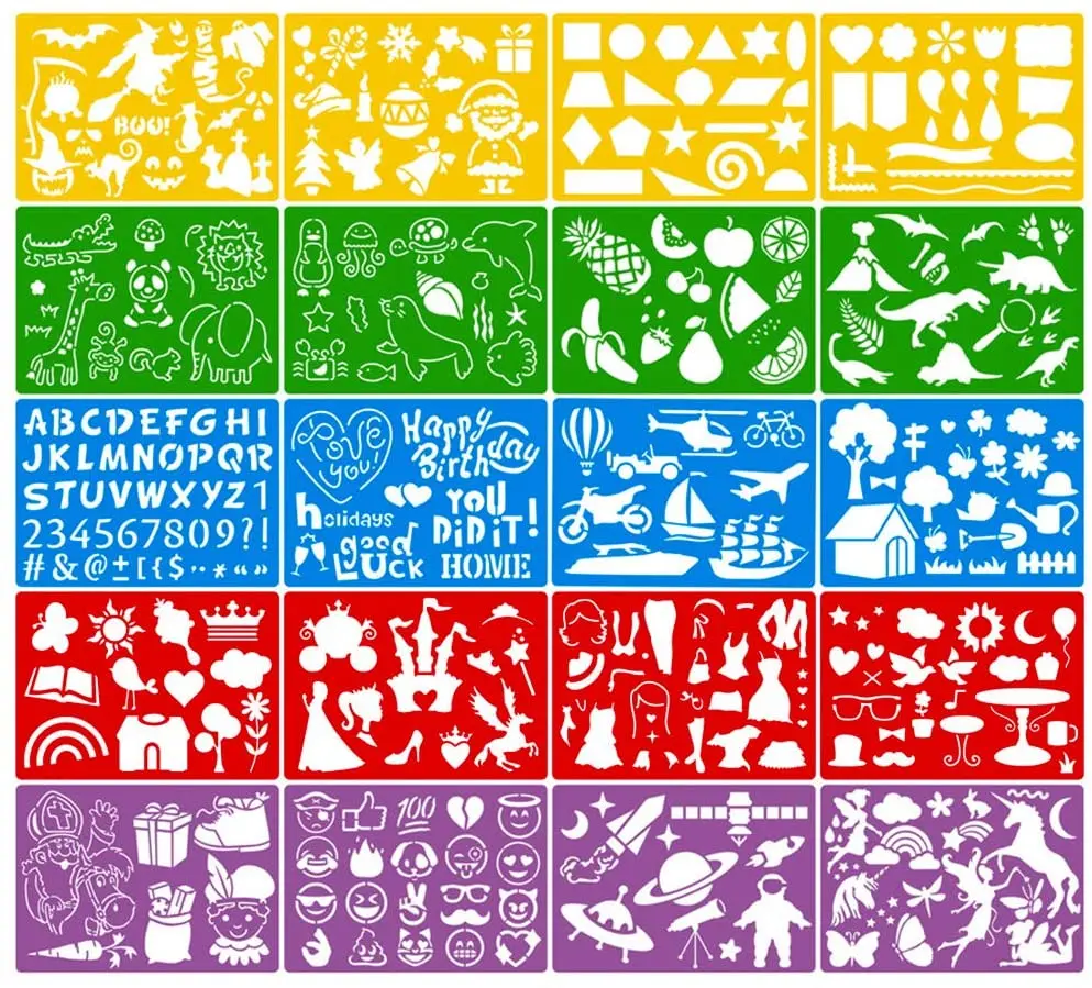 20pcs Drawing Stencils Set for Kids, 300+ Patterns Plastic Painting Stencil Kit Drawing Templates for Girls Boys Craft Gifts