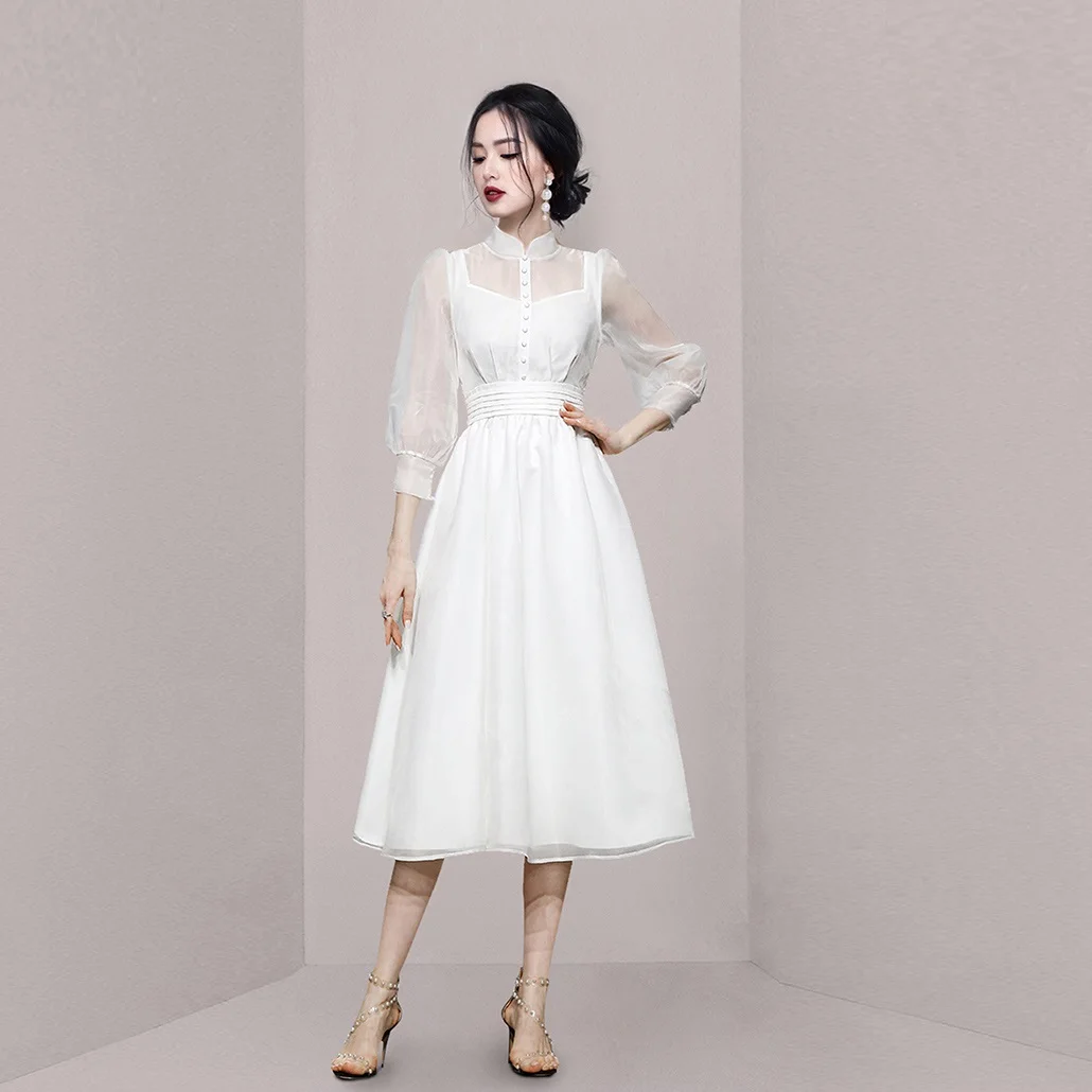 Прозрачное белое женское платье с длинным рукавом Сетчатое однобортное бальное