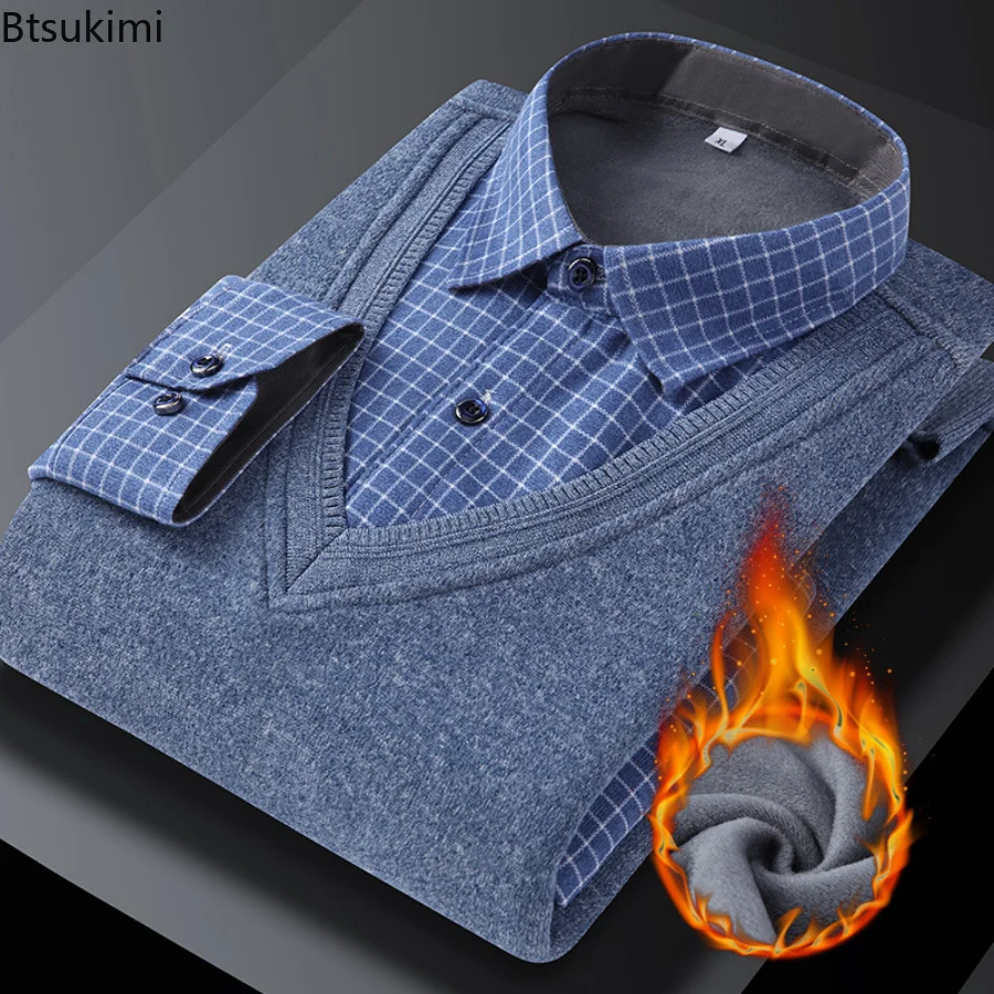 

2023 Autumn Winter Men's Warm Sweater Velvet Thick Fleece Warm Fake Two Piece Shirt Classic Fashion Male Pullover Casual Shirts