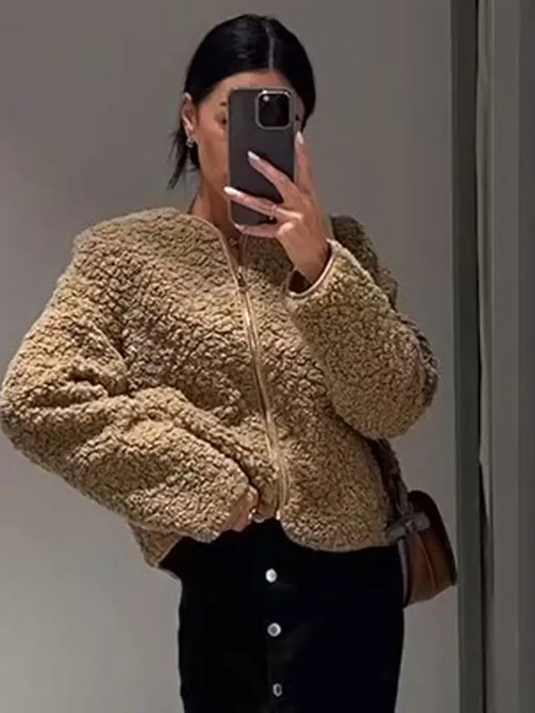 

Модная короткая куртка из овечьей шерсти с круглым вырезом, женское свободное теплое пальто на молнии с длинным рукавом, Осень-зима 2023, элегантная женская уличная верхняя одежда