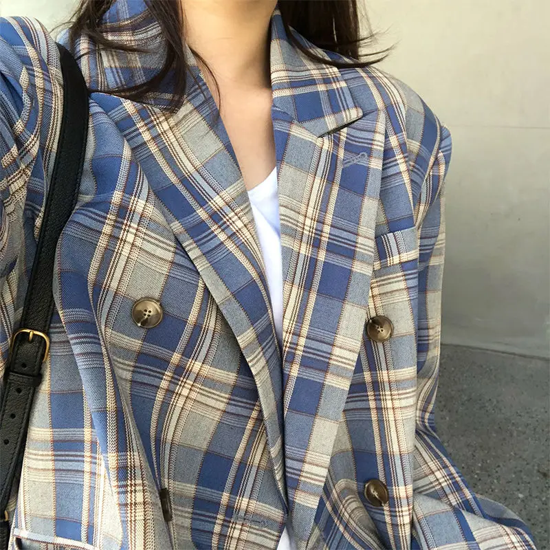 Vintage Loose Women Plaid Blazer 2023 Autumn Chic Double Breasted OL Female Long Sleeve Suit Jackets Blazers Korean Oversized