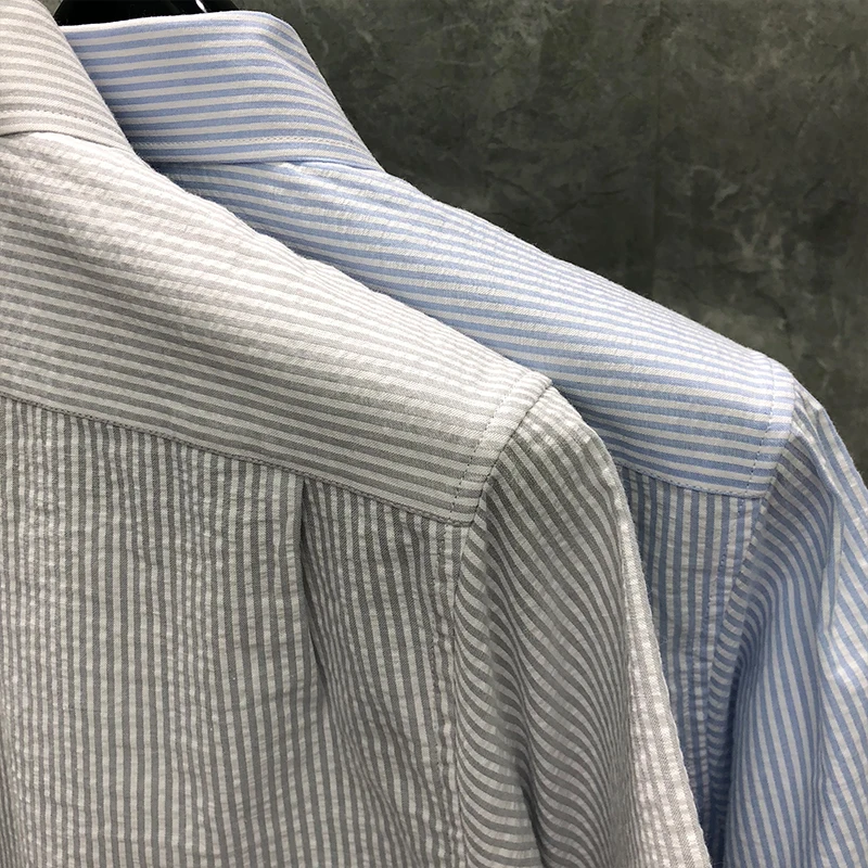 TB THOM Men's Dress Shirt Slim Fit Ultra Wrinkle Free Flex Collar Stretch Clothes Fashion Brand Stripe Summer Short Sleeves