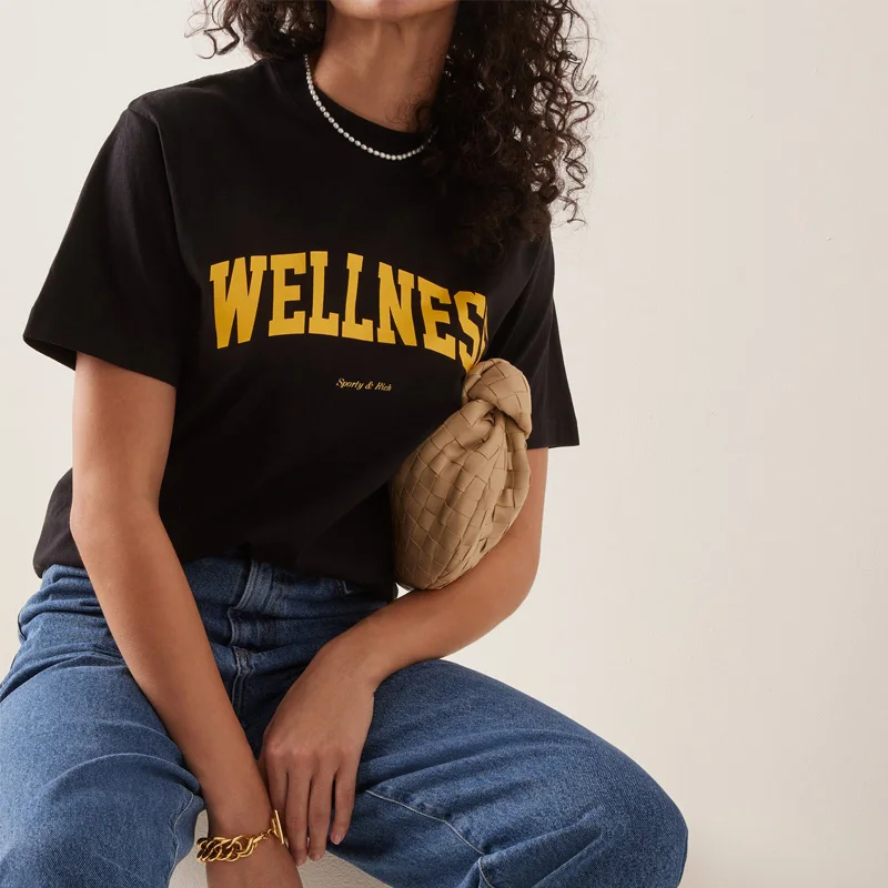 

Women Summer Wellness Letters Printing Black Cotton T shirts Short Sleeve Loose Crewneck Tops Tees Casual Basic Shirts 2023