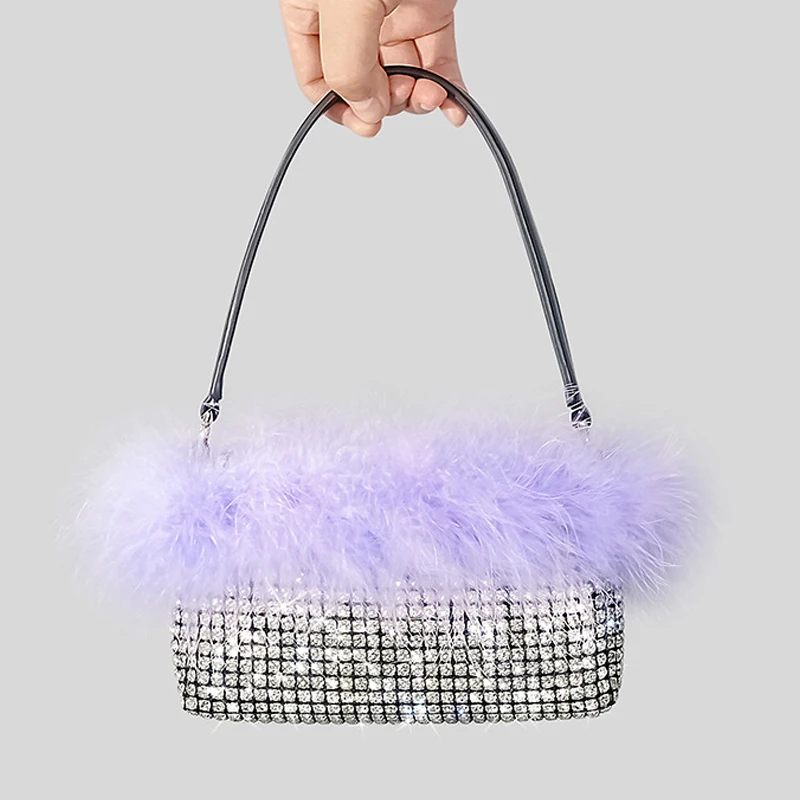 

Luxury Designer Diamond Handbag For Women 2023 New In Fashion High Quality Colorblock Ostrich Fur Rhinestonedinner Bag Bling