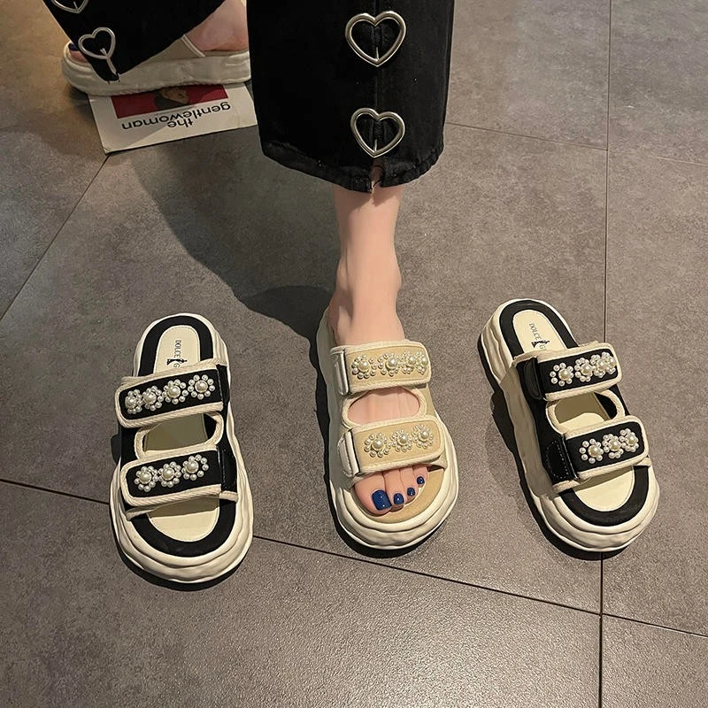

Sweet 2023 New Fashion Beading Women Slippers Summer Slippers Indoor Outdoor Flip Flops Beach Shoe Home Non-slip Slippers