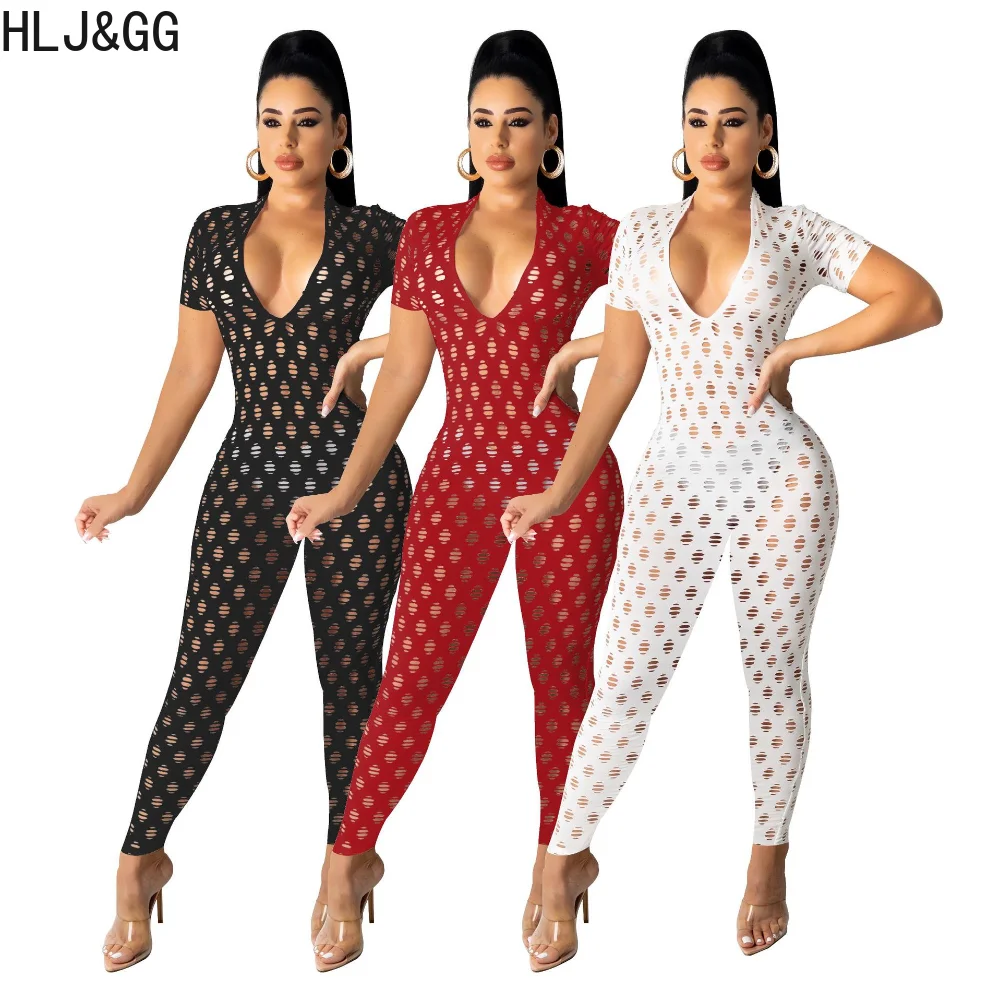 

HLJ&GG Sexy Nightclub Party Bodycon Jumpsuits Women Solid Color Long Sleeve Hollow Out Playsuits Female Sexy Deep V Rompers S-XL