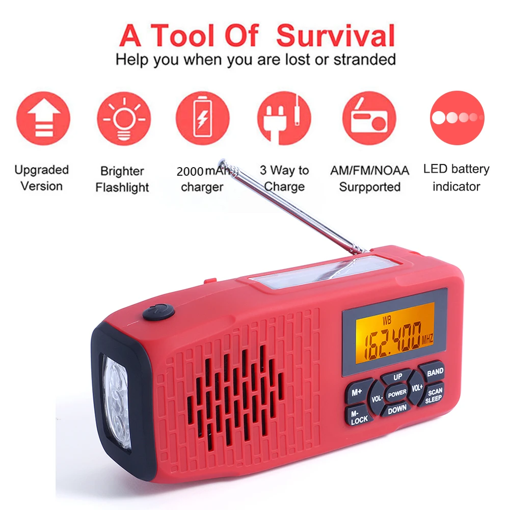 

2000mAh Portable Hand Crank Solar Radio FM AM WB NOAA Radio LED Flashlight Torch Power Bank with Alarm Clock/SOS Alarm/ALERT