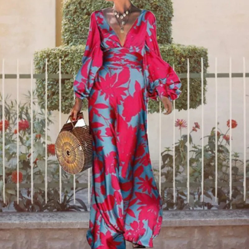 

Fashion Retro Ladies Deep V Printed Maxi Dress Women Sexy A-Line Boho Style Long Dress Autumn Femme Elegant Harajuku Party Dress