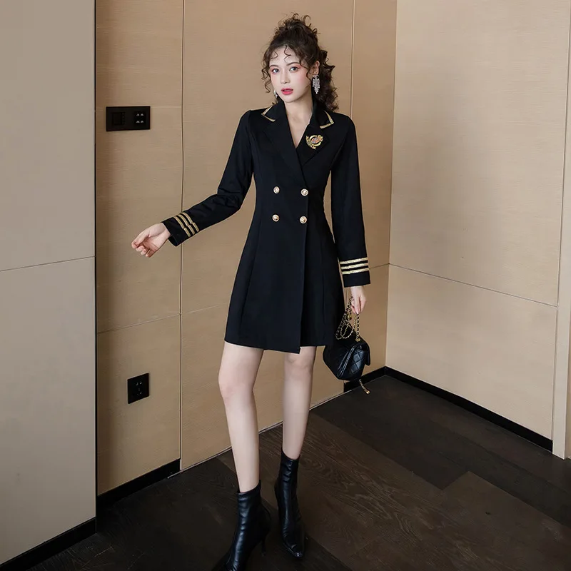 Black Uniform Style Blazer Women Dresses Double Breasted Slim Waist Long Sleeve Casual Suit Woman Plus Size Embroidery Blazers