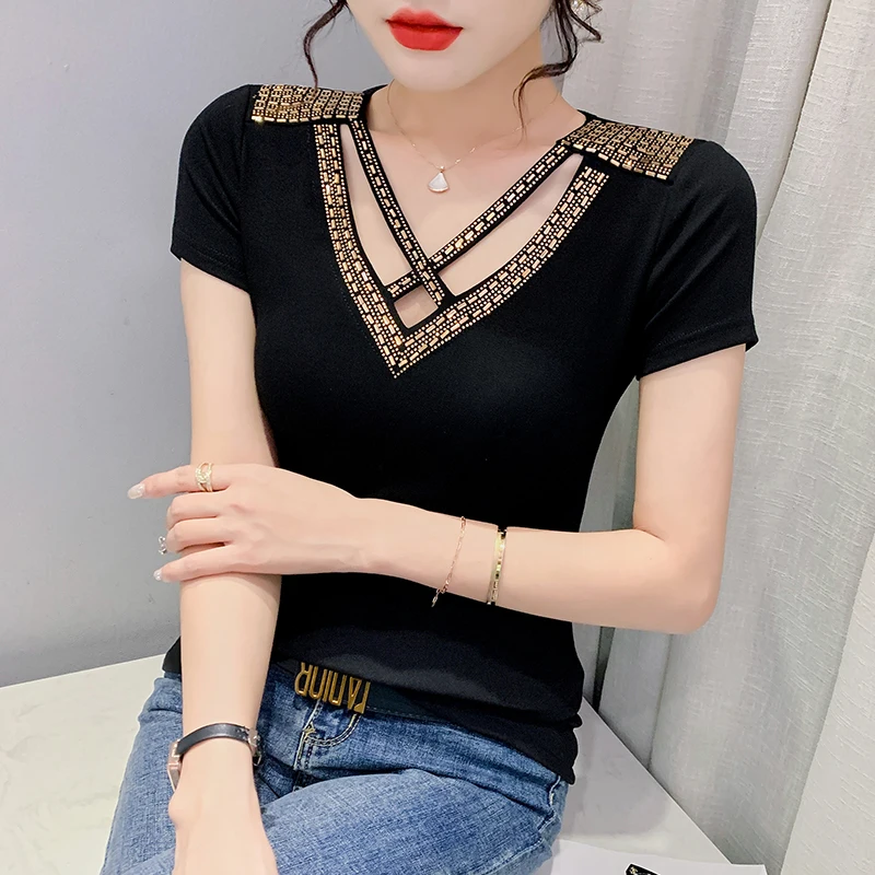 

European Style Ladies Fashion Sexy Hot Fix T Shirts for Women Clothing Female Girls Kawaii Vintage Gothic Aesthetic Woman Tops