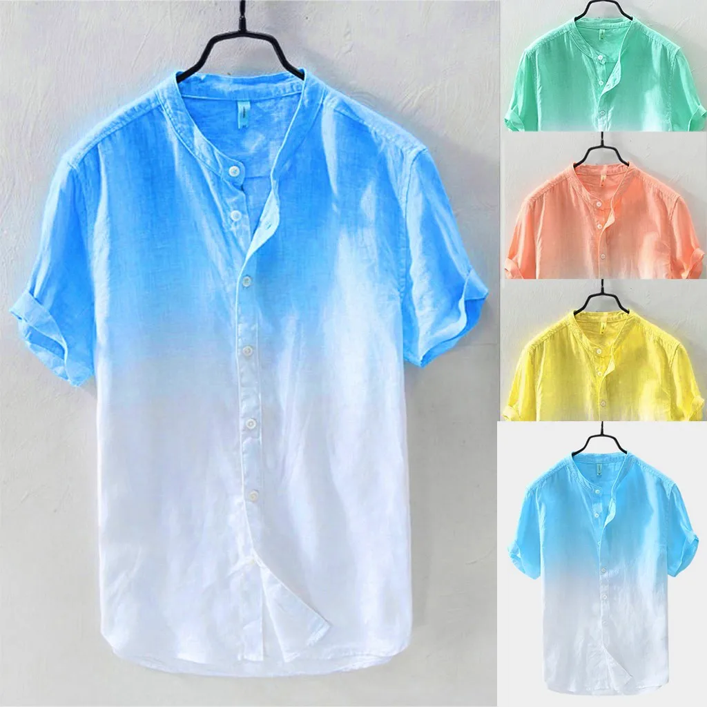 

Summer Men's Shirt Cotton Long Sleeve Cool Breathable Collar Hanging Dyed Gradient Button High Street Men Casual Shirt Camisa #