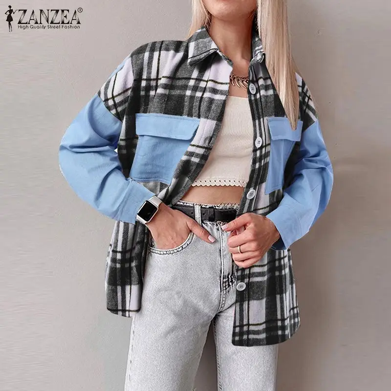 

Fashion OL Women Shirt Blouse 2022 Spring Autumn Long Sleeve Top Tunic Casual Plaid Denim Blue Patchwork Oversized Blusa Chemise