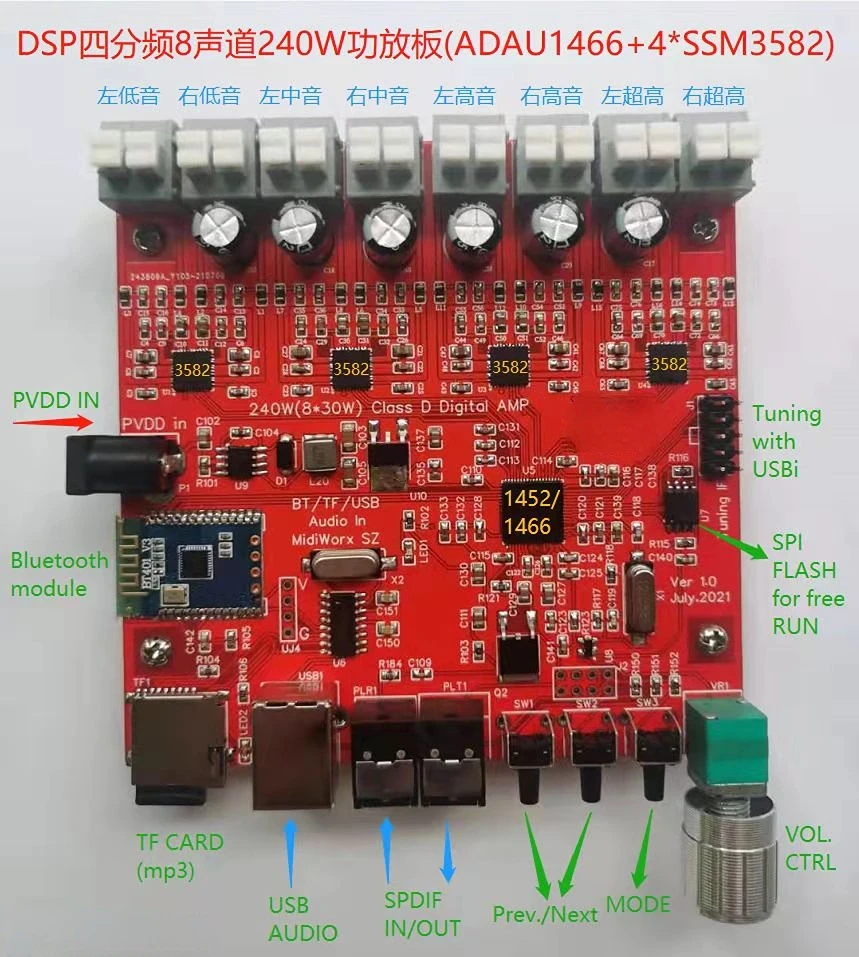 

8-канальный совместимый с Bluetooth цифровой усилитель мощности класса D (200 Вт) DSP + Ssm3582