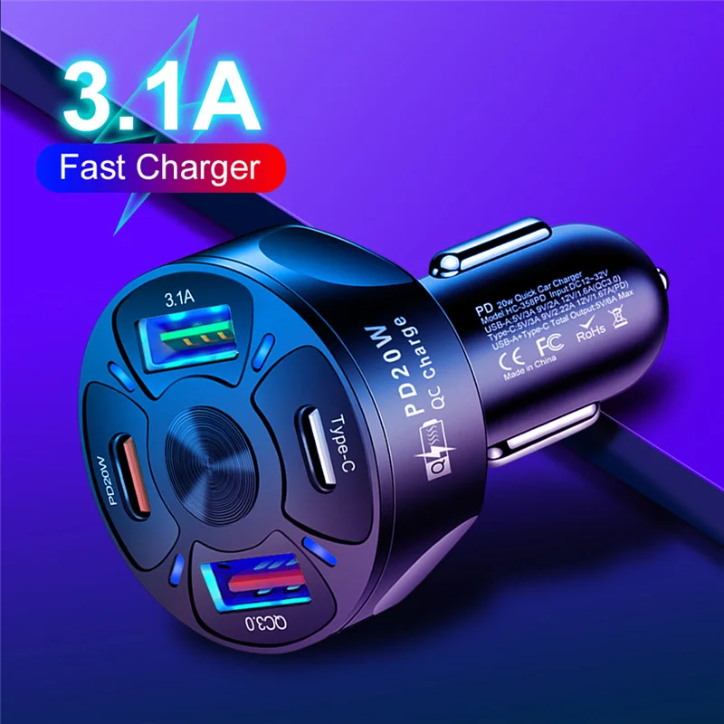 UKGO Car USB Charger PD 20W 4 port Quick Charge 3.0 Universal Type C Fast Charging For iPhone Xiaomi 12 Redmi Type C Car Charger