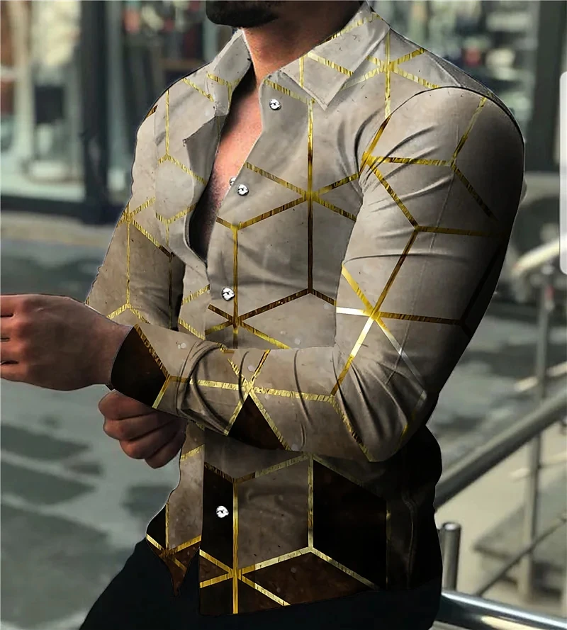 Spring Autumn Square Mesh Gradient Men's 3d Shirt Fashion 3D Printed Shirt Lapel Button-Up Shirt Casual Long Sleeve Top S-4XL