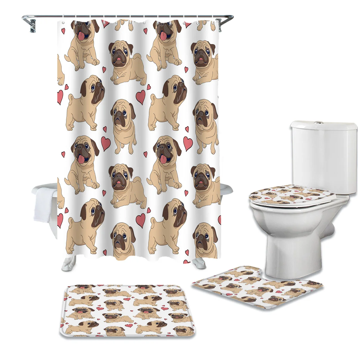 

Водонепроницаемая занавеска для душа, мультяшный дизайн с милыми сердечками и собаками, комплект нескользящих ковриков из полиэстера