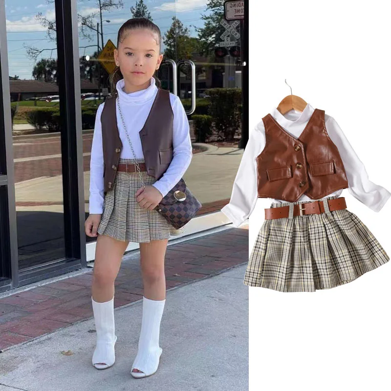 

2023 Autumn Kids Clothes Sets 4/PCS Baby Girls PU Leather Jacket Vest+Tops+Skirts Matching Sets Brown Vintage Y2K Children's Set