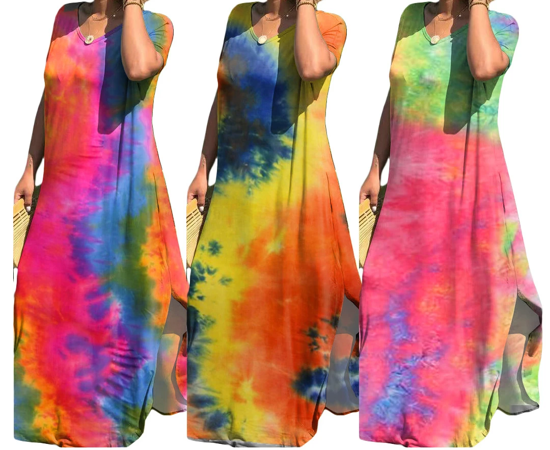 

Summer Dress 2023 Sexy Women's Colorful Tie-dye Fashion Deep Loose Slit Hem Dress Long Dress Vestidos