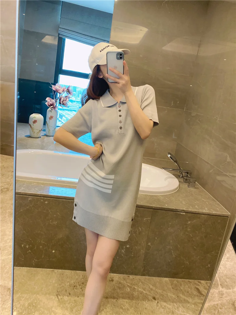 TB single-breasted slim-fit college four-bar POLO lapel knitted dress
